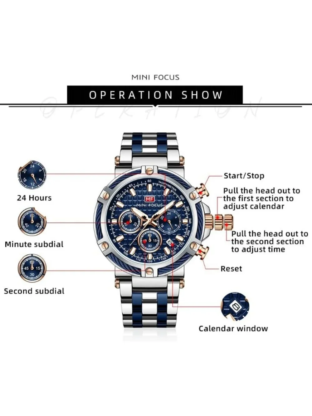 Men's Blue Silver Chronograph Big Face Stainless Steel Band Luminous Wrist Watch